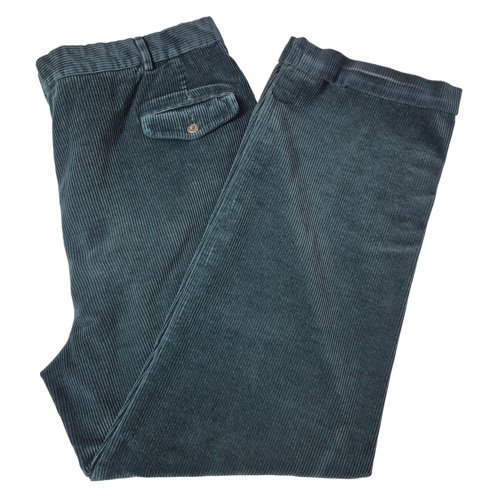 Vtg LL Bean Corduroy Pants Mens 40/30 Green Wide Wale Pleated Cuffed Made in USA